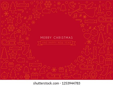 Red Christmas card with wishes and snowflakes. Merry Christmas and Happy New Year.