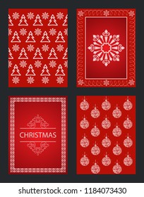 Rote Weihnachtskarten mit verschiedenen Winterschmuck. Grußkartenvorlage. Vektorgrafik.