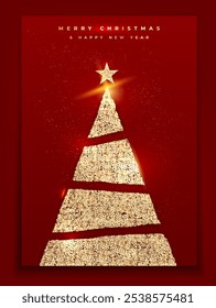 Red christmas cards with golden shiny christmas tree - vector illustration