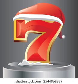 Red Christmas Casino Number Seven 7 With Gold Border And Red Christmas Hat. Vector Design.