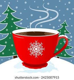 Taza de café de Navidad roja con vapor contra el fondo de árboles de Navidad verdes para pancartas, carteles, tarjetas.	
