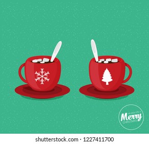 Red Christmas coffee mugs. Vector illustration