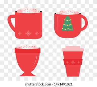 Red Christmas coffee mugs. Vector winter holidays elements. Christmas in cartoon style. Love and hearts.
