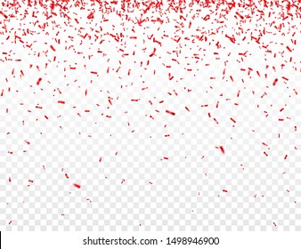 Red Christmas Confetti On Transparent Background. Falling Shiny Glitter. New Year Or Birthday Greeting Card Design Element. Vector Illustration.