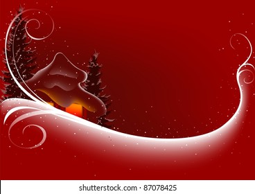 Red Christmas Cottage - colored abstract illustration, vector