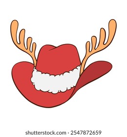 Red Christmas cowboy hat with gold reindeer antlers, Santa cap white fluffy fur trim hand drawn illustration