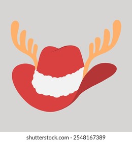 Red Christmas cowboy hat with gold reindeer antlers, Santa cap white fluffy fur trim hand drawn flat design illustration
