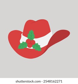 Red Christmas cowboy hat with holly berries and leaves hand drawn flat design illustration