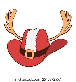 Red Christmas cowboy hat with reindeer antlers, Santa coat white fur trim and black belt hand drawn illustration