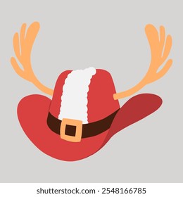 Red Christmas cowboy hat with reindeer antlers, Santa coat white fur trim and black belt hand drawn flat design illustration
