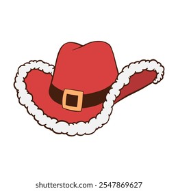 Red Christmas cowboy hat with Santa cap white fur trim and black belt hand drawn illustration
