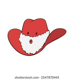 Red Christmas cowboy hat with Santa white fluffy beard, eyes and mouth hand drawn illustration