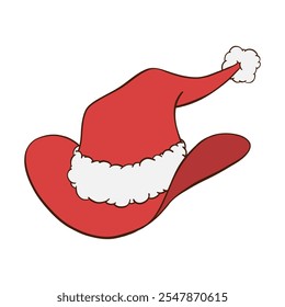 Red Christmas cowboy hat with Santa cap white fur trim and pom pom hand drawn illustration
