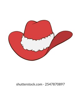 Red Christmas cowboy hat with Santa cap white fur trim hand drawn illustration