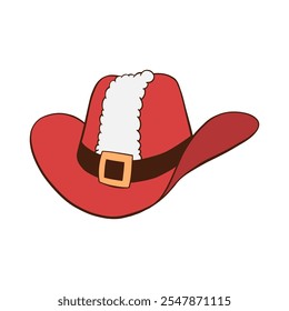 Red Christmas cowboy hat with Santa coat white fur trim and black belt hand drawn illustration