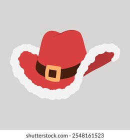 Red Christmas cowboy hat with Santa cap white fur trim and black belt hand drawn flat design illustration