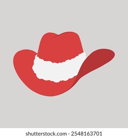 Red Christmas cowboy hat with Santa cap white fur trim hand drawn flat design illustration