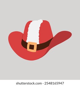 Red Christmas cowboy hat with Santa coat white fur trim and black belt hand drawn flat design illustration