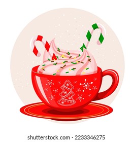 Red Christmas cup of coffee with cream and sweets, Vector illustration, isolated design element greeting card, background, menu, recipes, cover, wallpaper, decoration.