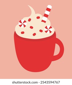 Taza de Navidades rojas con nata batida, piruletas. Elemento de bebida. Ilustración plana de Vector.