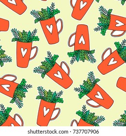 Red christmas cups with hearts and green leaves pattern over light background. Vector illustration