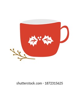 Red christmas cute cup for tea and coffee in doodle style. Vector illustration.