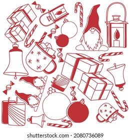 Red Christmas decorations and food in doodle style isolated on white