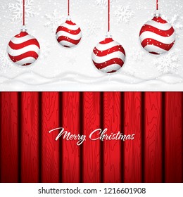 Red Christmas design with red balls on snowy background, vector illustration