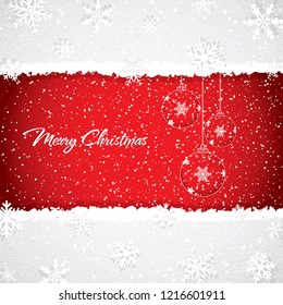 Red Christmas design with balls on snowy background, vector illustration