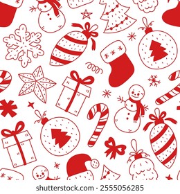 Red Christmas Doodle Seamless Pattern. Quirky hand drawn holiday celebration background with falling line tradition xmas symbols. Repeat vector illustration
