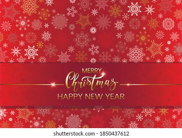 Red Christmas elegant background with colored snowflakes and golden inscription Merry Christmas. Postcard templates. Vector illustration.