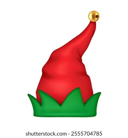 Red Christmas elf hat with golden bell and green edge realistic vector illustration. Festive whimsical holiday atmosphere 3d object on white