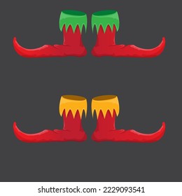 Red Christmas elf or santa claus shoes isolated on grey background. vector red cartoon boots set