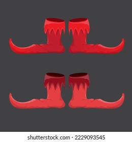 Red Christmas elf or santa claus shoes isolated on grey background. vector red cartoon boots set