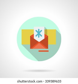 Red Christmas envelope with white postcard with blue snowflake. Xmas and New Year symbol. Round flat color vector icon with long shadow. Buttons and design elements for website, mobile app, business. 