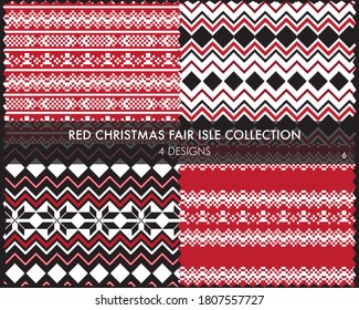 Red Christmas fair isle pattern collection includes 4 design swatches for fashion textiles, knitwear and graphics