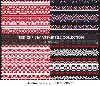 Red Christmas fair isle pattern collection includes 4 design swatches for fashion textiles, knitwear and graphics