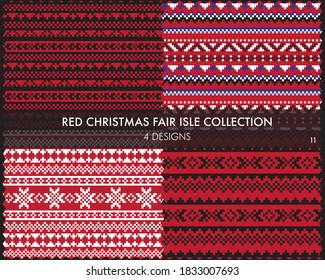 Red Christmas fair isle pattern collection includes 4 design swatches for fashion textiles, knitwear and graphics