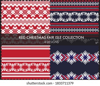 Red Christmas fair isle pattern collection includes 4 design swatches for fashion textiles, knitwear and graphics