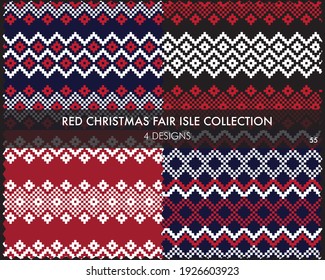 Red Christmas fair isle pattern collection includes 4 design swatches for fashion textiles, knitwear and graphics