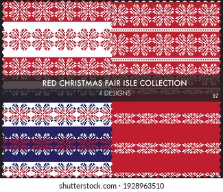 Red Christmas fair isle pattern collection includes 4 design swatches for fashion textiles, knitwear and graphics