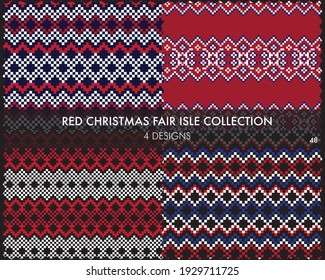 Red Christmas fair isle pattern collection includes 4 design swatches for fashion textiles, knitwear and graphics