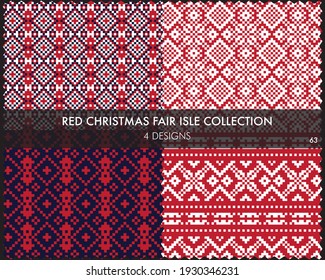 Red Christmas fair isle pattern collection includes 4 design swatches for fashion textiles, knitwear and graphics