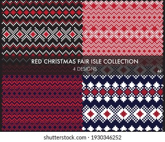 Red Christmas fair isle pattern collection includes 4 design swatches for fashion textiles, knitwear and graphics