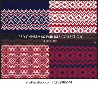 Red Christmas fair isle pattern collection includes 4 design swatches for fashion textiles, knitwear and graphics
