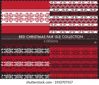 Red Christmas fair isle pattern collection includes 4 design swatches for fashion textiles, knitwear and graphics