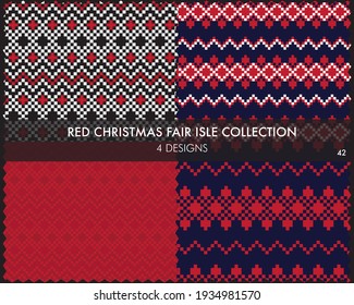 Red Christmas fair isle pattern collection includes 4 design swatches for fashion textiles, knitwear and graphics