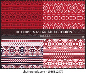 Red Christmas fair isle pattern collection includes 4 design swatches for fashion textiles, knitwear and graphics