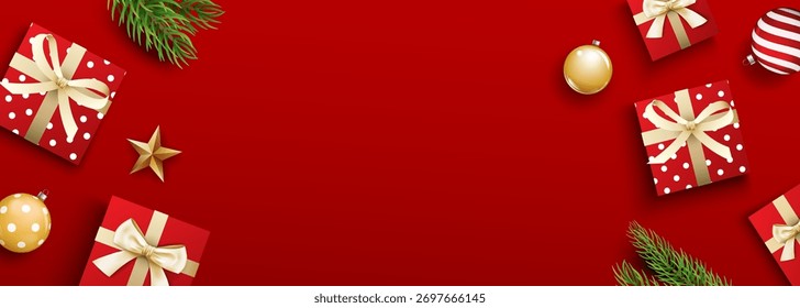 Fundo festivo de Natal vermelho com caixas de presente e ornamentos.