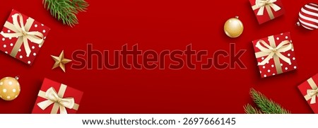 Red christmas festive background with gift boxes and ornaments.